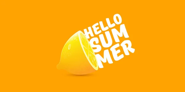 Vector Hello Summer Beach Party banner horizontal Plantilla de diseño con limón fresco aislado sobre fondo naranja. Hola etiqueta concepto de verano o cartel con fruta naranja y texto tipográfico . — Archivo Imágenes Vectoriales