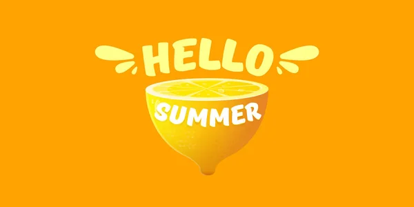 Vector Hello Summer Beach Party horizontale banner Ontwerp template met verse citroen geïsoleerd op oranje achtergrond. Hallo zomer concept label of poster met oranje fruit en typografische tekst. — Stockvector