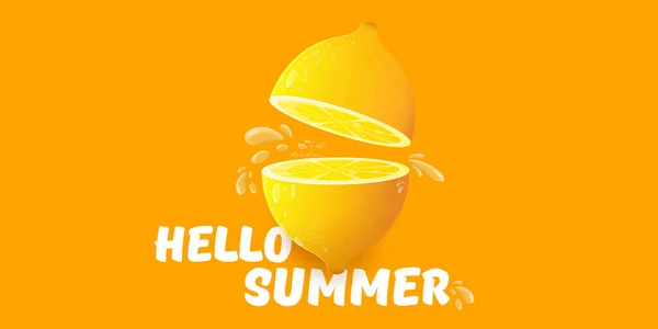 Vector Hello Summer Beach Party banner horizontal Plantilla de diseño con limón fresco aislado sobre fondo naranja. Hola etiqueta concepto de verano o cartel con fruta naranja y texto tipográfico . — Archivo Imágenes Vectoriales