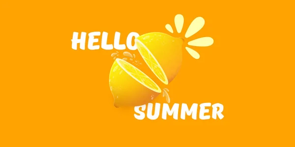 Vector Hello Summer Beach Party horizontale banner Ontwerp template met verse citroen geïsoleerd op oranje achtergrond. Hallo zomer concept label of poster met oranje fruit en typografische tekst. — Stockvector