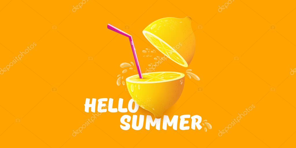 Vector Hello Summer Beach Party horizontal banner Design template with lemon isolated on orange background. Hello summer concept label or poster with orange fruit and typographic text.