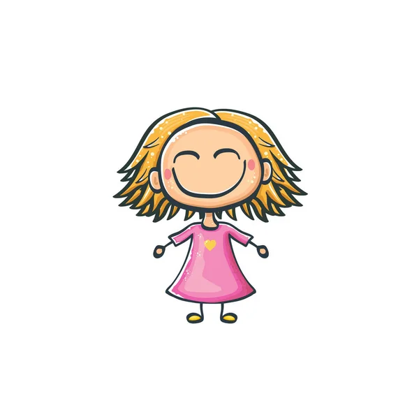 Cartoon niedlichen lustigen kleinen Mädchen mit rosa Kleid isoliert auf weißem Hintergrund. Cartoon glücklich lächelnde Mädchen mit lustigen Haaren. 1. Juni Kindertag Hintergrund — Stockvektor