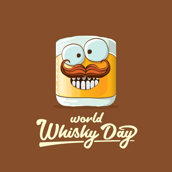 Baner World Whisky Day z wektorem śmieszne kreskówki uśmiechnięta postać ze szkła whisky izolowane na brązowy backgound. ilustracja koncepcji wektora dnia whisky. funky hipster etykieta postaci alkoholu — Wektor stockowy