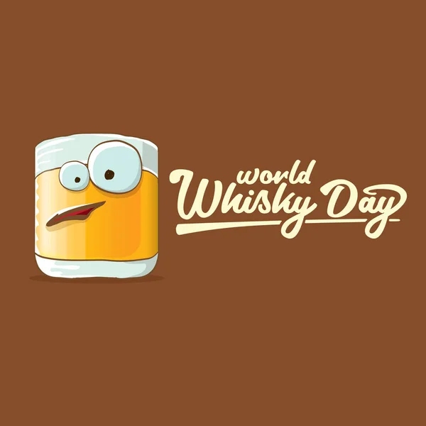 Baner World Whisky Day z wektorem śmieszne kreskówki uśmiechnięta postać ze szkła whisky izolowane na brązowy backgound. ilustracja koncepcji wektora dnia whisky. funky hipster etykieta postaci alkoholu — Wektor stockowy