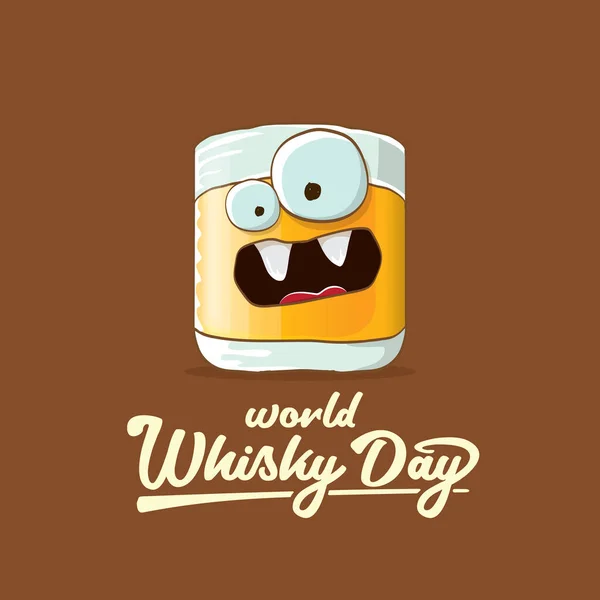 Banner del Día Mundial del Whisky con caricatura divertida vector sonriente personaje de cristal de whisky aislado en fondo marrón. whisky día vector concepto ilustración. etiqueta de carácter de alcohol hipster funky — Archivo Imágenes Vectoriales
