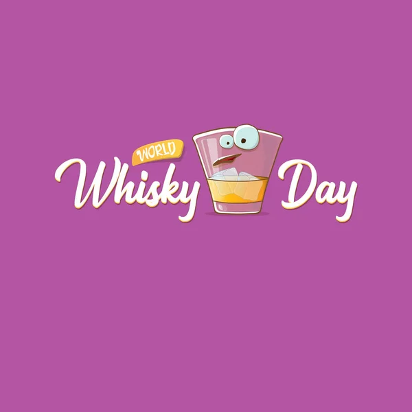 Baner World Whisky Day z wektorem zabawna kreskówka uśmiechnięta postać ze szkła whisky izolowane na fioletowy backgound. ilustracja koncepcji wektora dnia whisky. funky hipster etykieta postaci alkoholu — Wektor stockowy