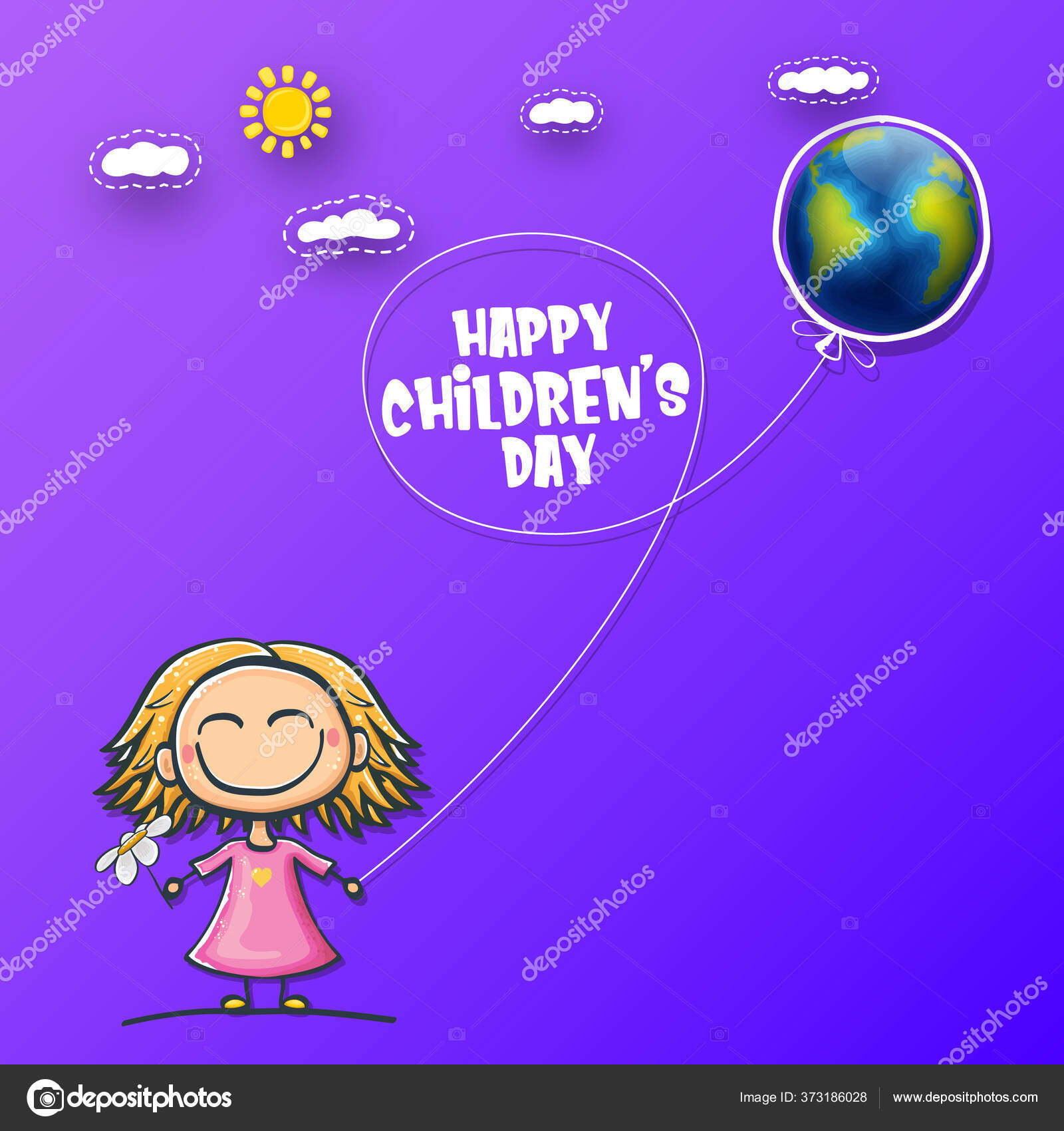 1 june international childrens day background with little funny girl holding in hands baloon and fly in sky. Vector happy international childrens day poster concept with funny cartoon smiling child Stock Vector 1 june international childrens day background with little funny girl holding in hands baloon and fly in sky. Vector happy international childrens day poster concept with funny cartoon smiling child Stock Vector