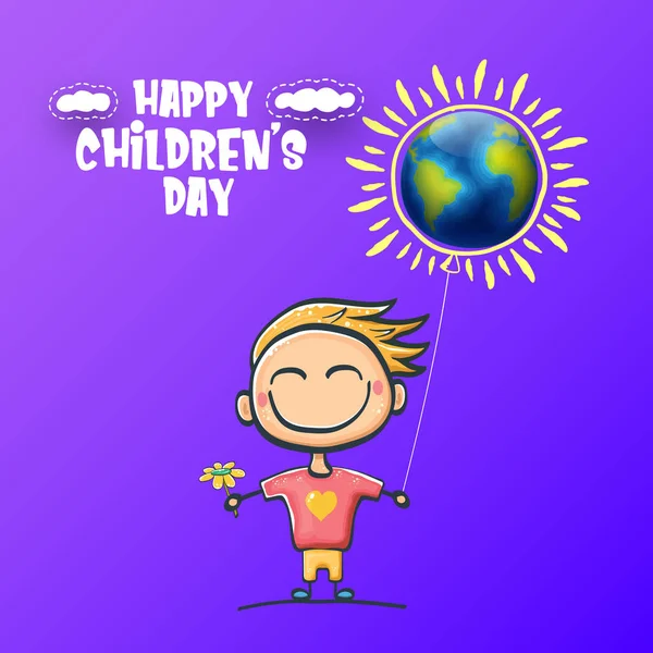 1 czerwiec międzynarodowe tło dzień dzieci z małym zabawnym chłopcem trzymając w rękach balon i latać na niebie. Vector szczęśliwy międzynarodowy dzieci dzień plakat koncepcja z zabawnej kreskówki uśmiechnięte dziecko — Wektor stockowy