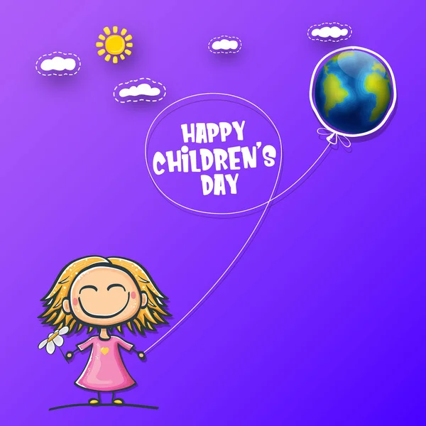1 czerwiec międzynarodowe tło dzień dzieci z małą zabawną dziewczynką trzymającą w rękach balon i latać na niebie. Vector szczęśliwy międzynarodowy dzieci dzień plakat koncepcja z zabawnej kreskówki uśmiechnięte dziecko — Wektor stockowy