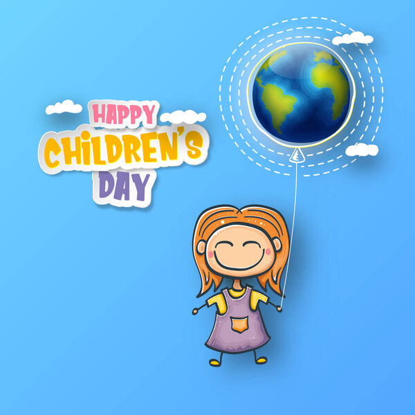 1 июня Международный день детского фона с маленькой забавной девушкой, держа в руках баллон и летать в небе. Концепция плаката, посвященного Международному дню защиты детей, с забавным мультяшным улыбающимся ребенком
