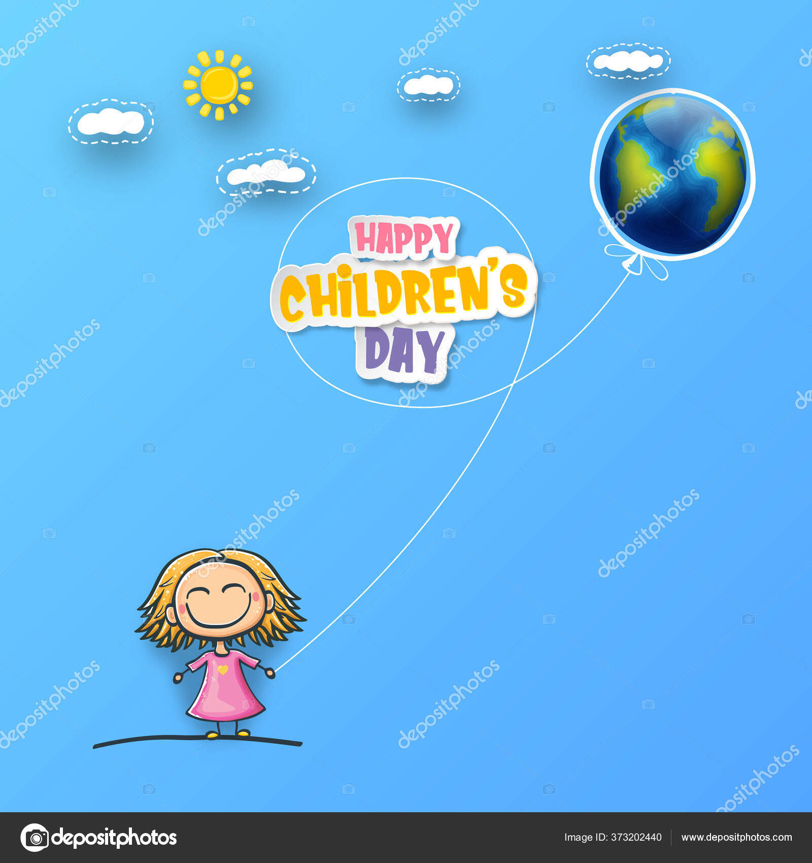 1 june international childrens day background with little funny girl  holding in hands baloon and fly in sky. Vector happy international childrens  day poster concept with funny cartoon smiling child Stock Vector