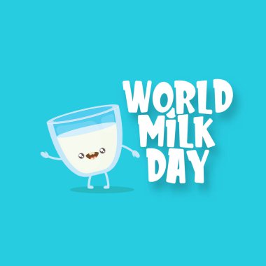 Dünya Süt Günü afişi mavi arka planda izole edilmiş komik, sevimli, gülümseyen süt bardağı karakteriyle kutlanıyor. Çocuklar, kawaii yemekleri ve komik karakterlerle mutlu süt günü çizimleri..