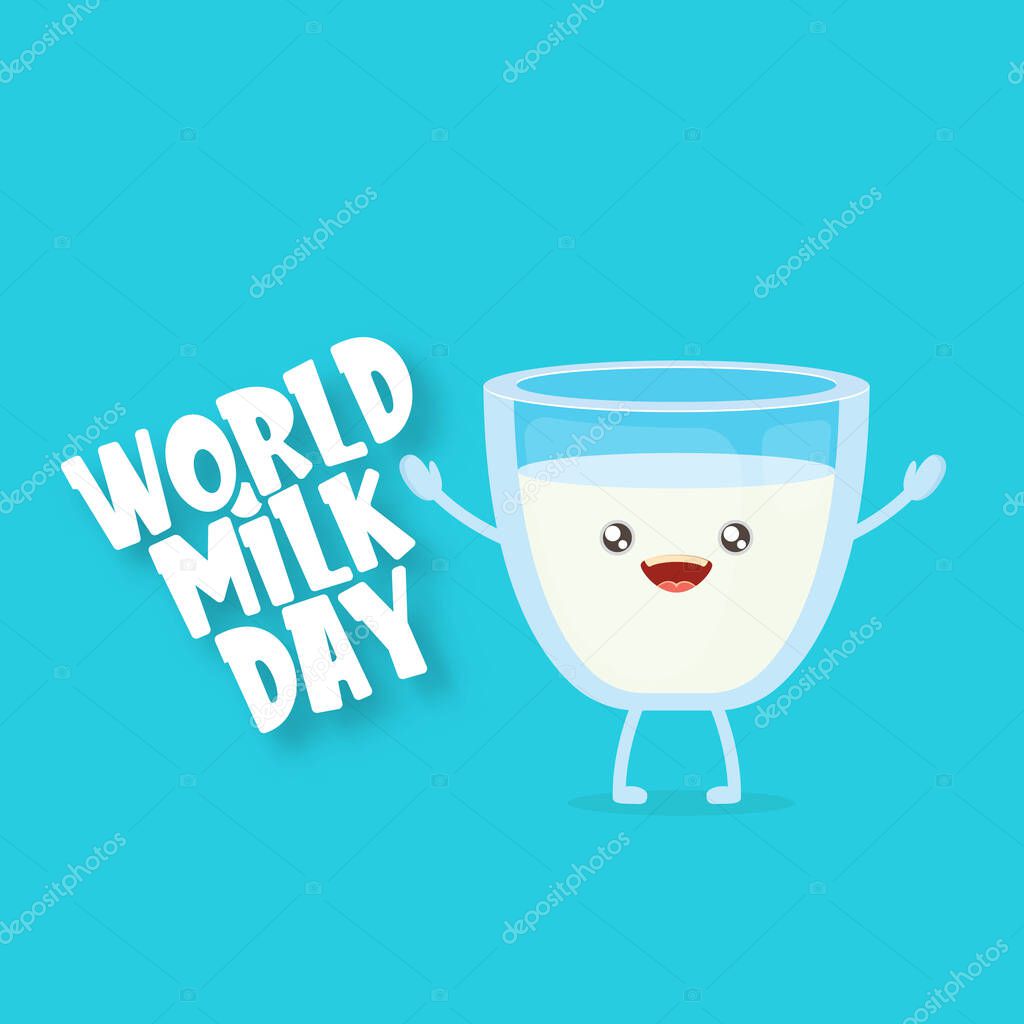 World milk day banner with funny cartoon cute smiling milk glass character isolated on blue background. Happy milk day concept illustration with Kids kawaii food funky character.