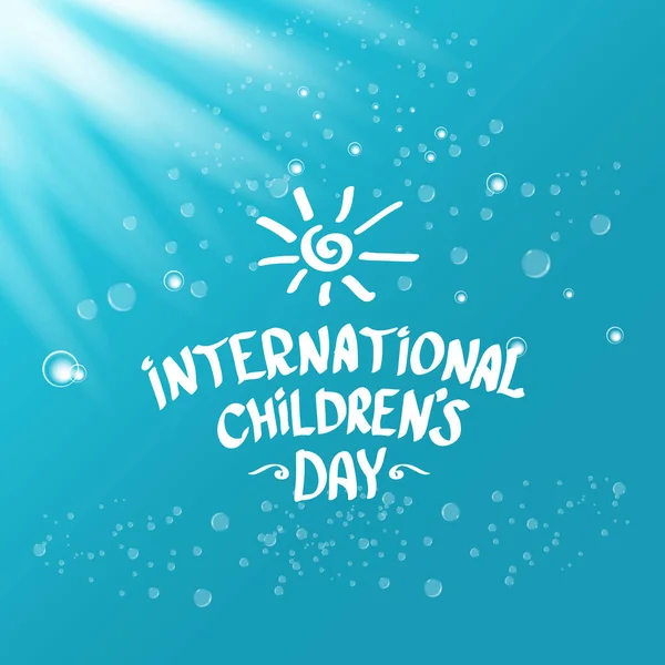 1. Juni internationaler Kindertag Ikone oder Etikett isoliert auf azurblauem Himmel Hintergrund mit Lichtern und Blasen. Glückliche Glückwunschkarte zum Kindertag. Kindertag-Plakat. Kindertag glänzendes Banner — Stockvektor