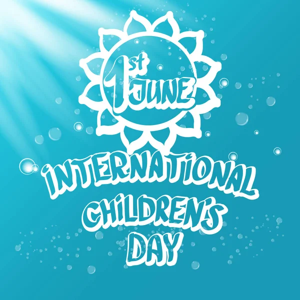 1. Juni internationaler Kindertag Ikone oder Etikett isoliert auf azurblauem Himmel Hintergrund mit Lichtern und Blasen. Glückliche Glückwunschkarte zum Kindertag. Kindertag-Plakat. Kindertag glänzendes Banner — Stockvektor