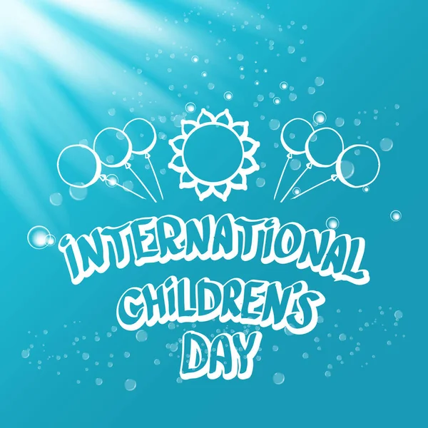 1. Juni internationaler Kindertag Ikone oder Etikett isoliert auf azurblauem Himmel Hintergrund mit Lichtern und Blasen. Glückliche Glückwunschkarte zum Kindertag. Kindertag-Plakat. Kindertag glänzendes Banner — Stockvektor