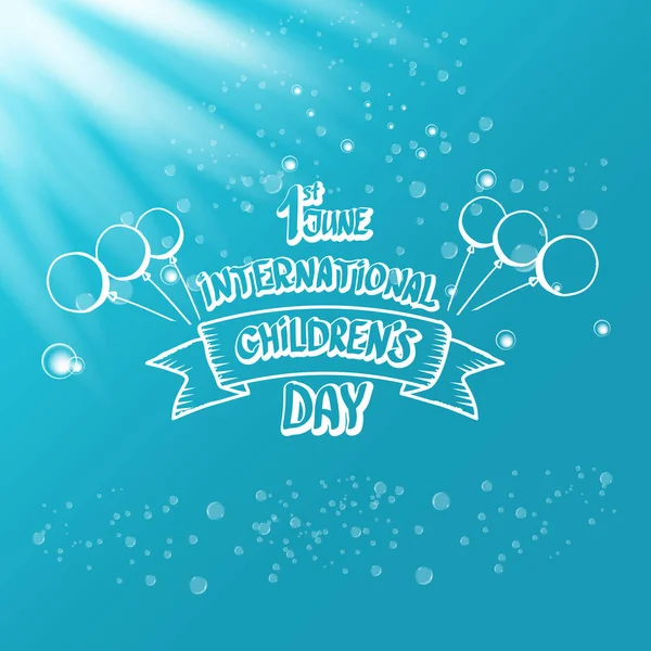 1 Junio Día Internacional de la Infancia icono o etiqueta aislada sobre fondo azul cielo azul con luces y burbujas. Tarjeta de felicitación feliz día de los niños. cartel del día de los niños. Día de los niños bandera brillante — Vector de stock