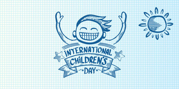 1 июня международные детские день мультфильм каракули стиле горизонтальный баннер фон. Happy Children day greeting cad, icon or label. Плакат Дня детей мультфильмов. Разработка баннеров для детей
