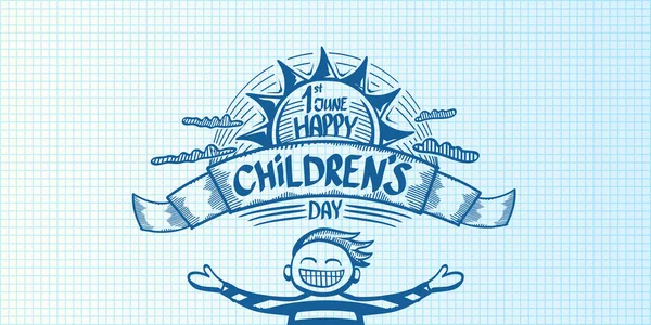 1 Junio Día internacional de los niños dibujos animados doodle estilo horizontal banner fondo. feliz Día de los niños saludo cad, icono o etiqueta. Cartel del día de los niños. Diseño de banner dibujado a mano para niños — Vector de stock