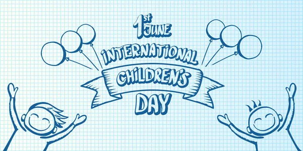 1 june international childrens day cartoon doodle style horizontal banner background. happy Children day greeting cad, icon or label. Cartoon kids day poster. Children day hand drawn banner design — Stock Vector