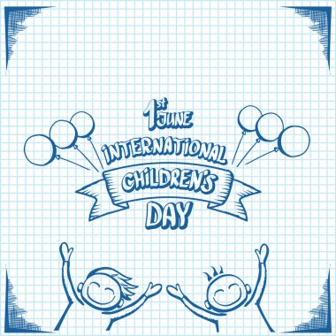 1 Haziran uluslararası çocuk günü çizgi film karalama tarzı afiş arkaplanı. Çocuk Günü 'nüz kutlu olsun. Şerefsiz, ikon ya da etiket. Çizgi film çocuklarının gündüz posteri. Çocuk gündüz el çizimi pankart tasarımı