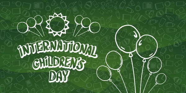 International childrens day cartoon doodle style green horizontal banner background. feliz Día de los niños saludando cad, icono o etiqueta. Cartoon niños cartel día a día. Diseño de banners dibujados a mano para niños — Vector de stock