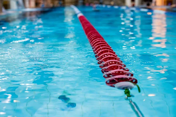 red Swimming Lane Marker in swimming pool.Color-fast swimming pool lane line.Lane ropes in swimming pool.red plastic rope lane on blue water indoor pool sport competition background. selective focus