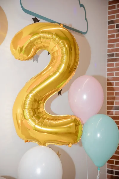 Balloon Bunting for celebration Happy 2 Anniversary made from Gold Number Balloons. Holiday Party Decoration or postcard.Golden foil number party balloon.number two and different balloons — 스톡 사진