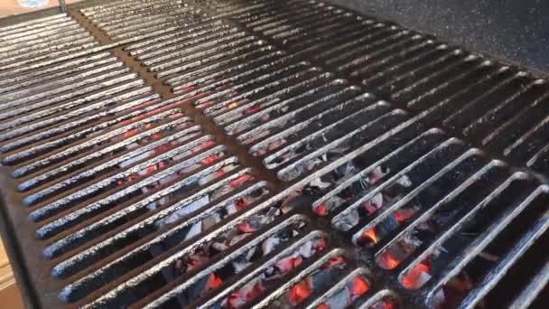 Barbecue alla griglia con una fetta di carne. capo mettendo una fetta di carne alla griglia grattugiata con fuoco burning.Maschio mano mettendo hamburger sul barbecue. Succosa grigliata di carne sulla griglia a carbone.Hamburger di cottura all'aperto — Video Stock