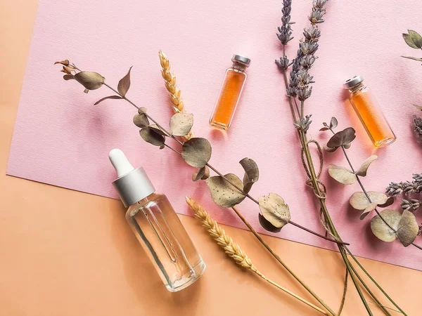 Pastel arka planda bitkisel yağ ve lavanta çiçekleri. Lavantalı bir şişe gerekli yağ. Lavander yağı. Lavanta ve portakallı doğal kozmetik ürünleri. Ev yapımı spa için limon.
