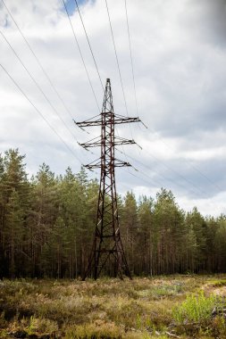 Bulutlu bir günde, ormanın önündeki bir arazide yüksek voltajlı elektrik direkleriyle sanayi bölgesi. İlkbaharda kırsal kesimde elektrik pilonu.