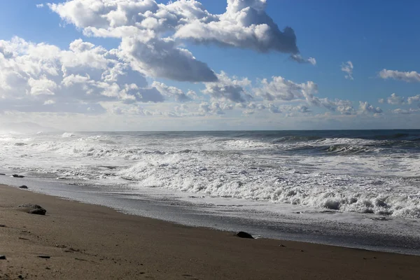 Mar turquesa con martas volando y cielo gris —  Fotos de Stock