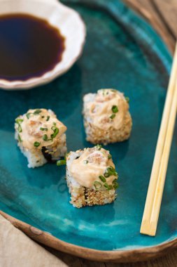 Suşi ve soya sosu turkuaz seramik plaka.