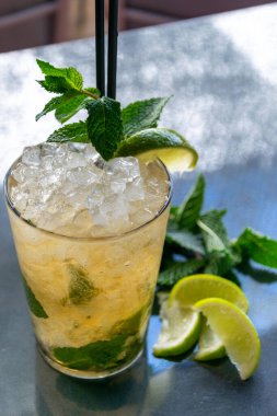 Soğuk limon ve naneli mojito kokteyli. Yanında da bazı malzemeler var. 