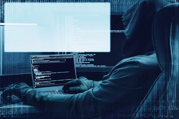 Internet criminaliteit concept. Hacker aan het werk op de digitale achtergrond met leeg hoofd omhoog hologram voor uw tekst rond. — Stockfoto
