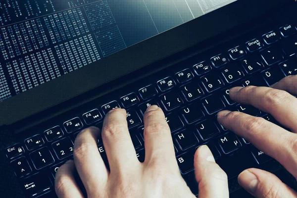 Hacker boyuyla bir dizüstü bilgisayarda çalışır. ilk kişi görünümü.