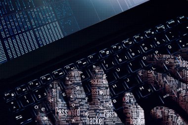 Hacker wordcloud ellere bir dizüstü bilgisayarda çalışır. ilk kişi görünümü.