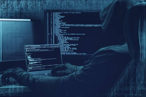 Internet criminaliteit concept. Hacker bezig met een code op donkere digitale achtergrond met digitale interface rond. — Stockfoto