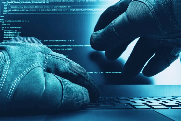 Hacker hands in gloves working on a console commands. Internet cyber concept. Blue toning, — Stock Photo, Image