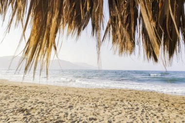 Üzerinden görüntülemek güneşli bir sonbahar ıssız plajda saman şemsiyesi altında.