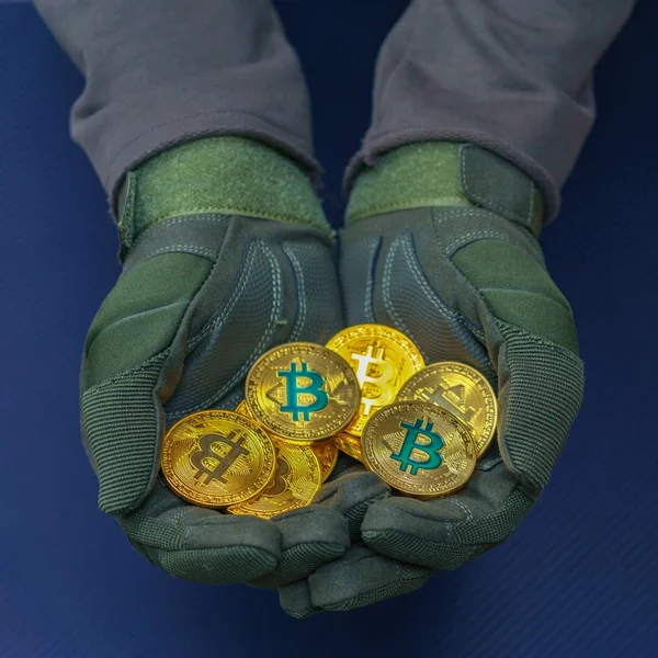 Manos que sostienen criptomoneda con signo de bitcoin verde en moneda de oro . Imagen de stock