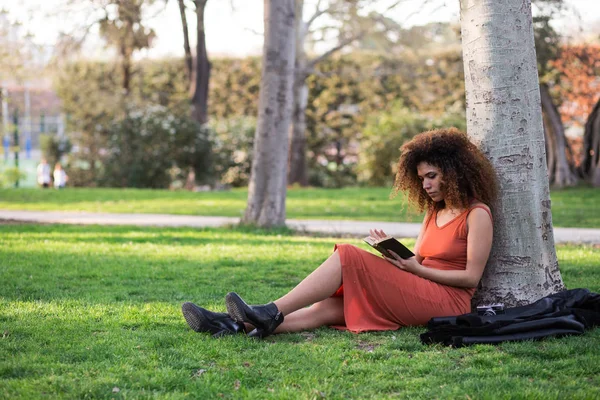 ผู้หญิงแอฟโรอ่านหนังสือกลางแจ้ง — ภาพถ่ายสต็อก