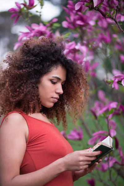 Afro woman reading a book outdoors Stock Picture