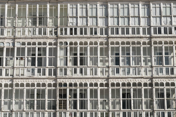 Burgos (Castilla y Leon, Spain): facade of historic building with balconies and verandas
