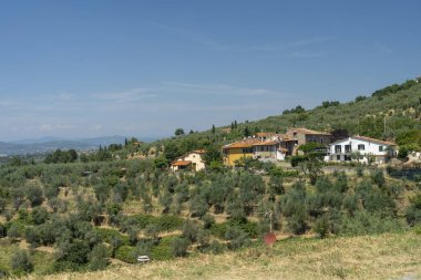 Pian di Sco yakınlarındaki Arezzo ili (Toskana, İtalya) yaz manzarası