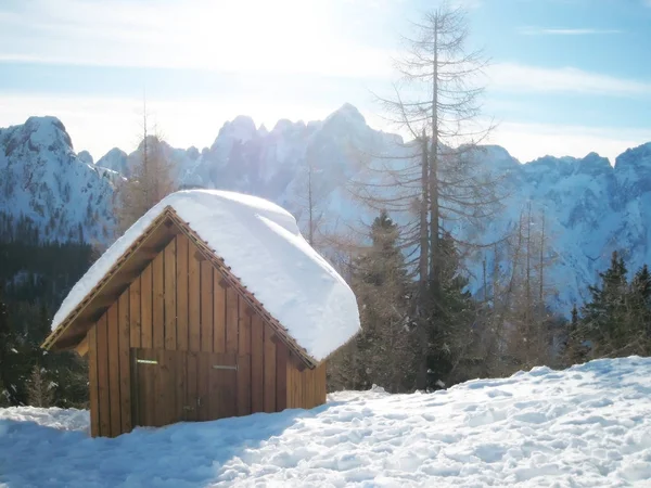 Vista de inverno com chalé de montanha Tarvisio Alpes Itália — Fotografia de Stock