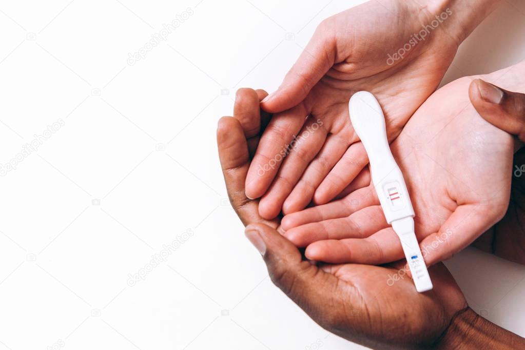 Pregnancy test, positive. Happiness, baby expect.