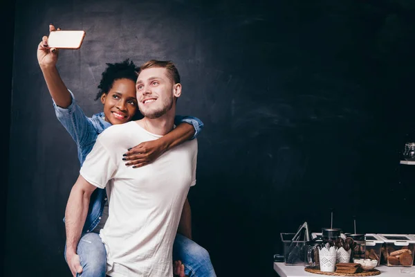 Young couple make selfie on kitchen, live together — Stock Photo, Image
