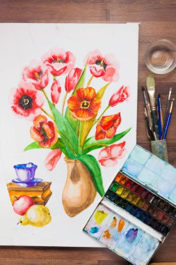 Düz ayarlamak suluboya yatıyordu. Ressam işyeri