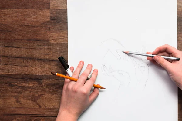 stock image Painters hands drawing sketch with pencil